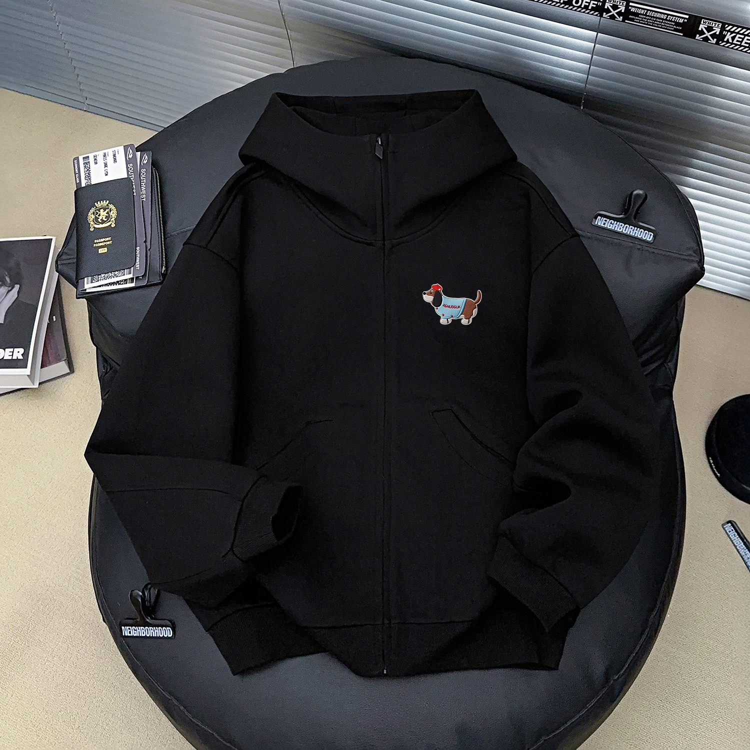 美式潮流仿刺绣小狗印花开衫连帽卫衣男女秋冬季休闲情侣拉链外套