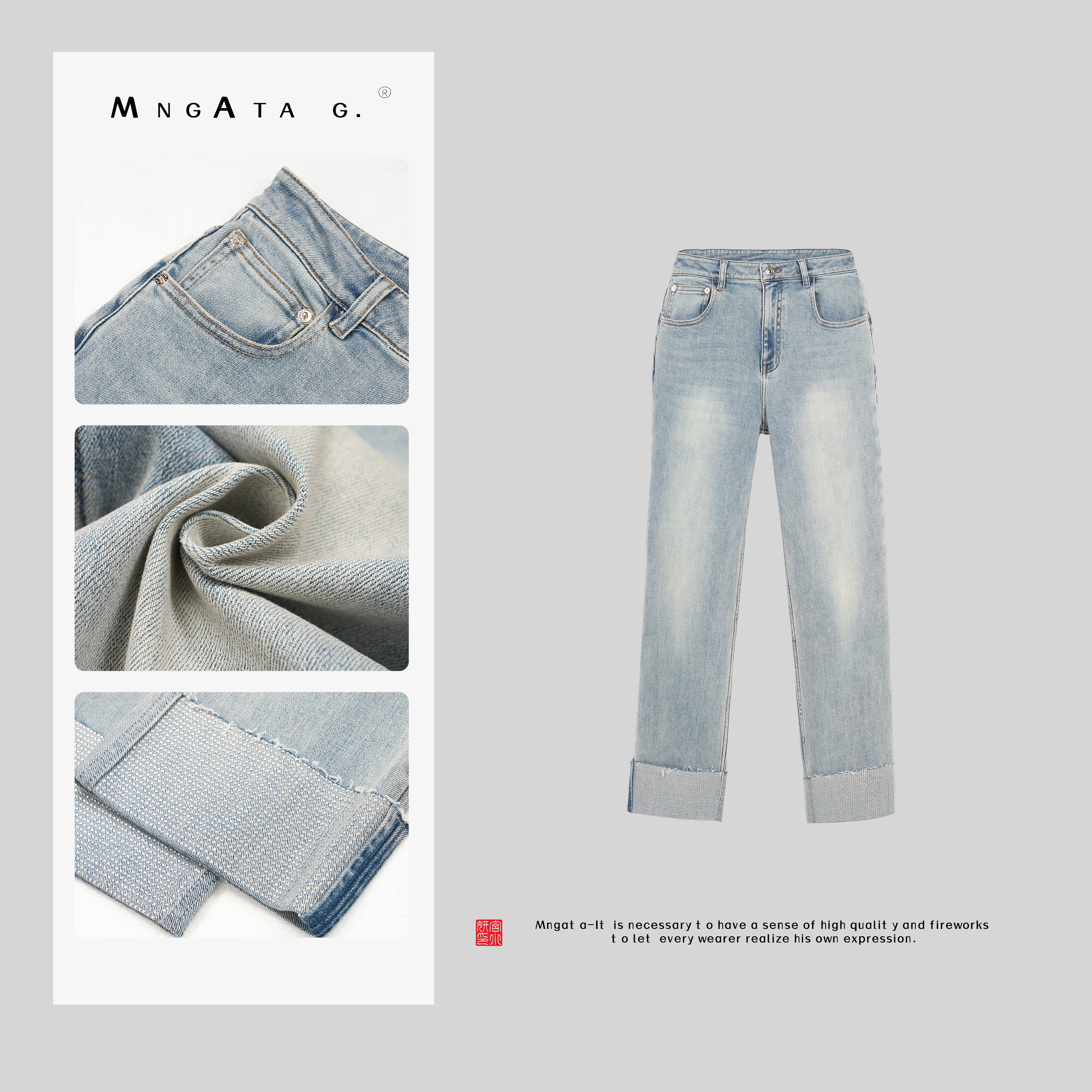 MNGATA G.宫小妍 【烫钻牛仔】棉质新中式百搭翻边牛仔裤4X031868