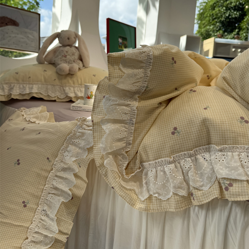 易安阁少女双层纱暖黄格樱桃床裙四件套纯棉1.5m1.8米全棉纯棉