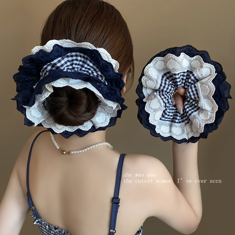 韩国高档蓝白撞色格纹刺绣爱心花边肥肠圈侧低马尾绑发绳耐用发饰