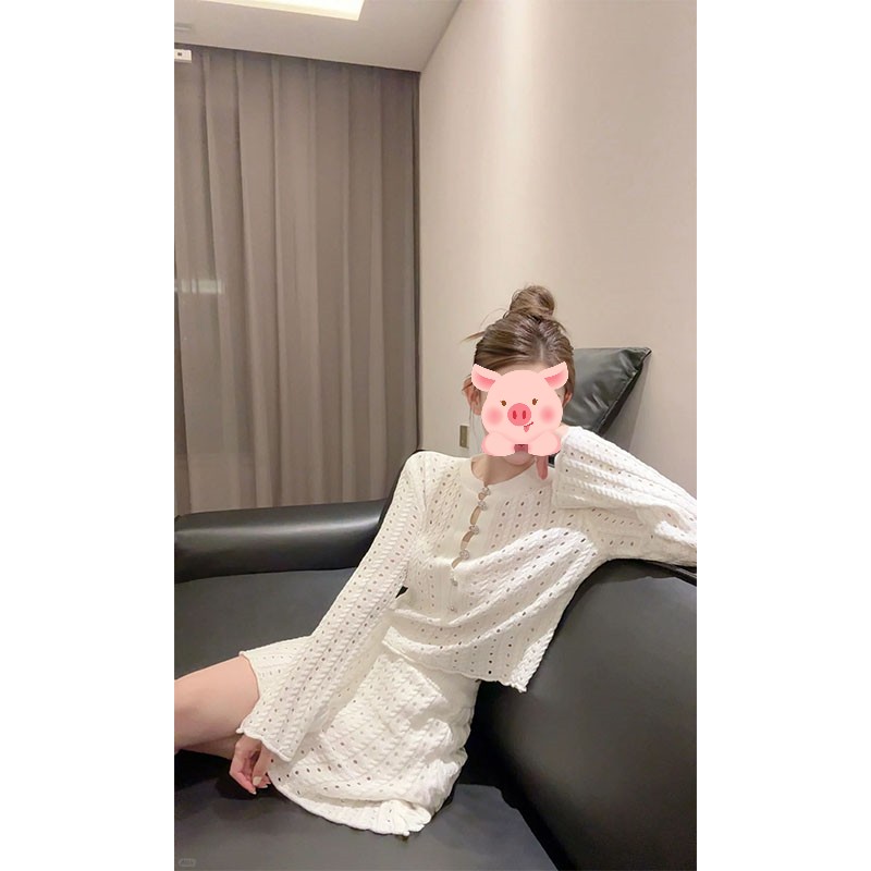 夏季法式设计感修身显瘦镂空长袖上衣气质时尚收腰半身裙两件套女