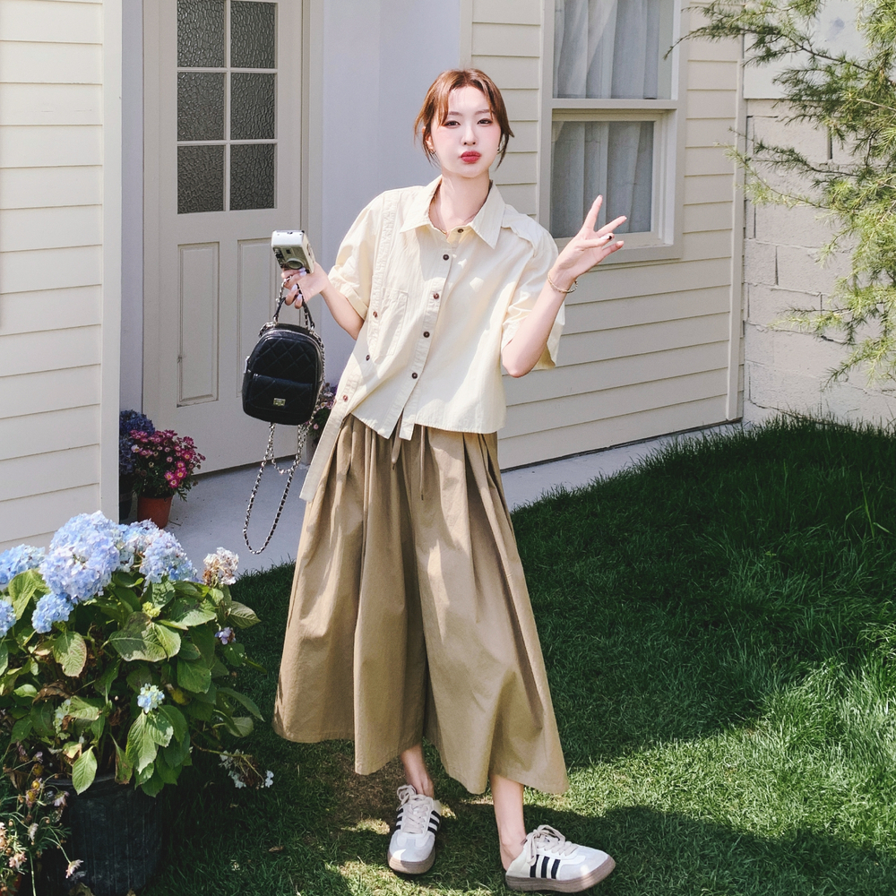 夏季ootd氛围感穿搭一整套韩系减龄设计感衬衫上衣阔腿裤裙两件套