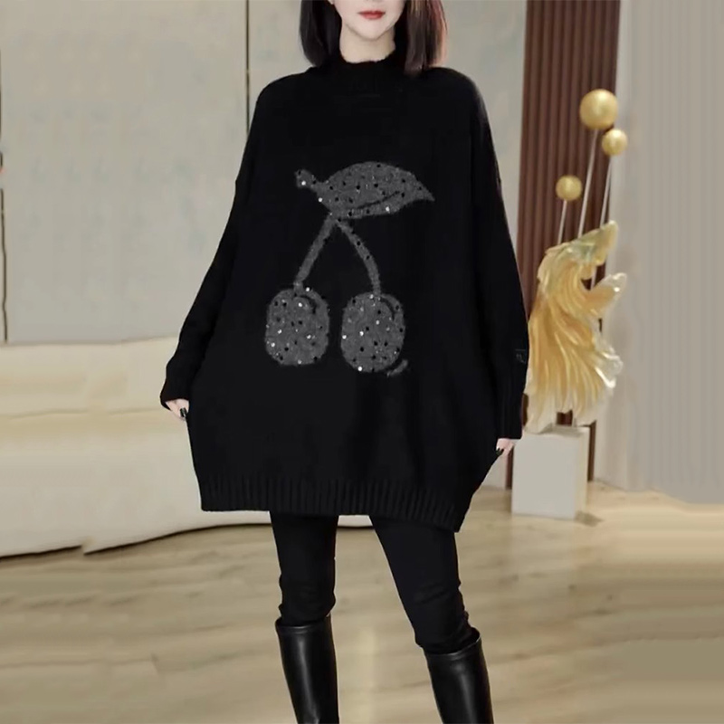 慵懒风毛衣女秋冬中长款遮屁股配鲨鱼裤打底裙宽松烫钻上衣针织衫