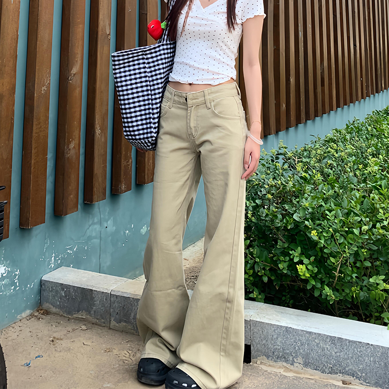美式复古卡其色微喇牛仔裤女秋季高腰宽松直筒阔腿拖地梧桐长裤子