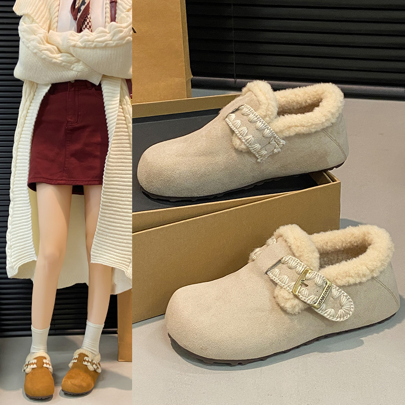 冬季加绒复古小土豆英伦风软皮保暖休闲勃肯棉鞋