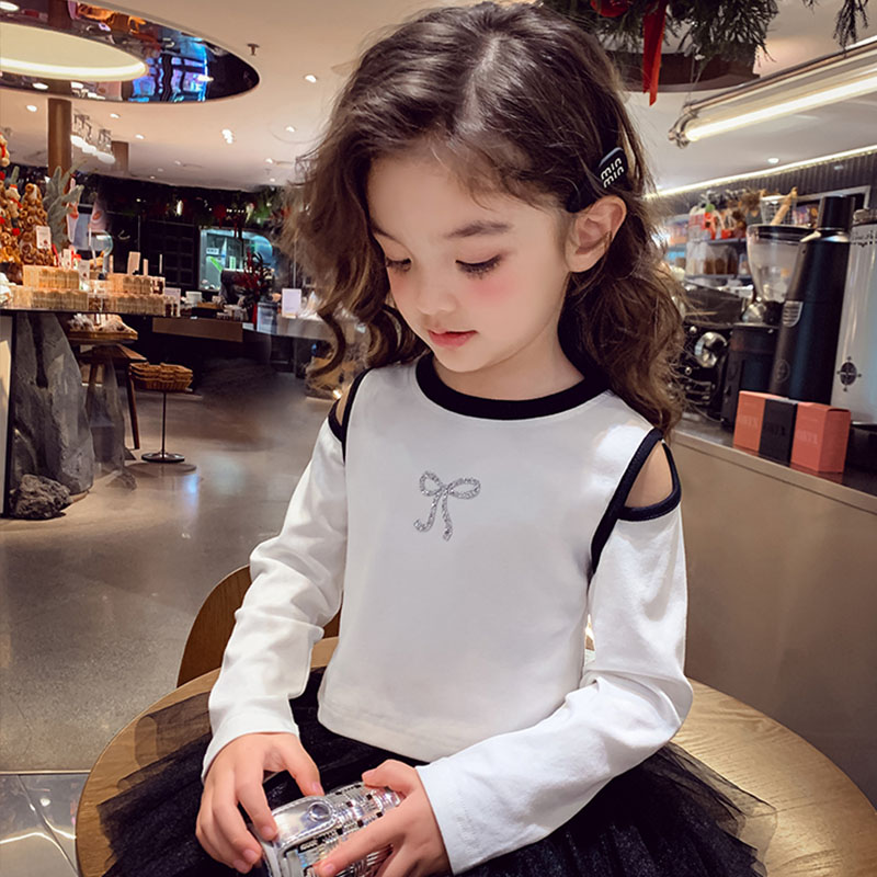 女童长袖T恤春装2025新款洋气儿童网红露肩上衣女孩百搭休闲打底