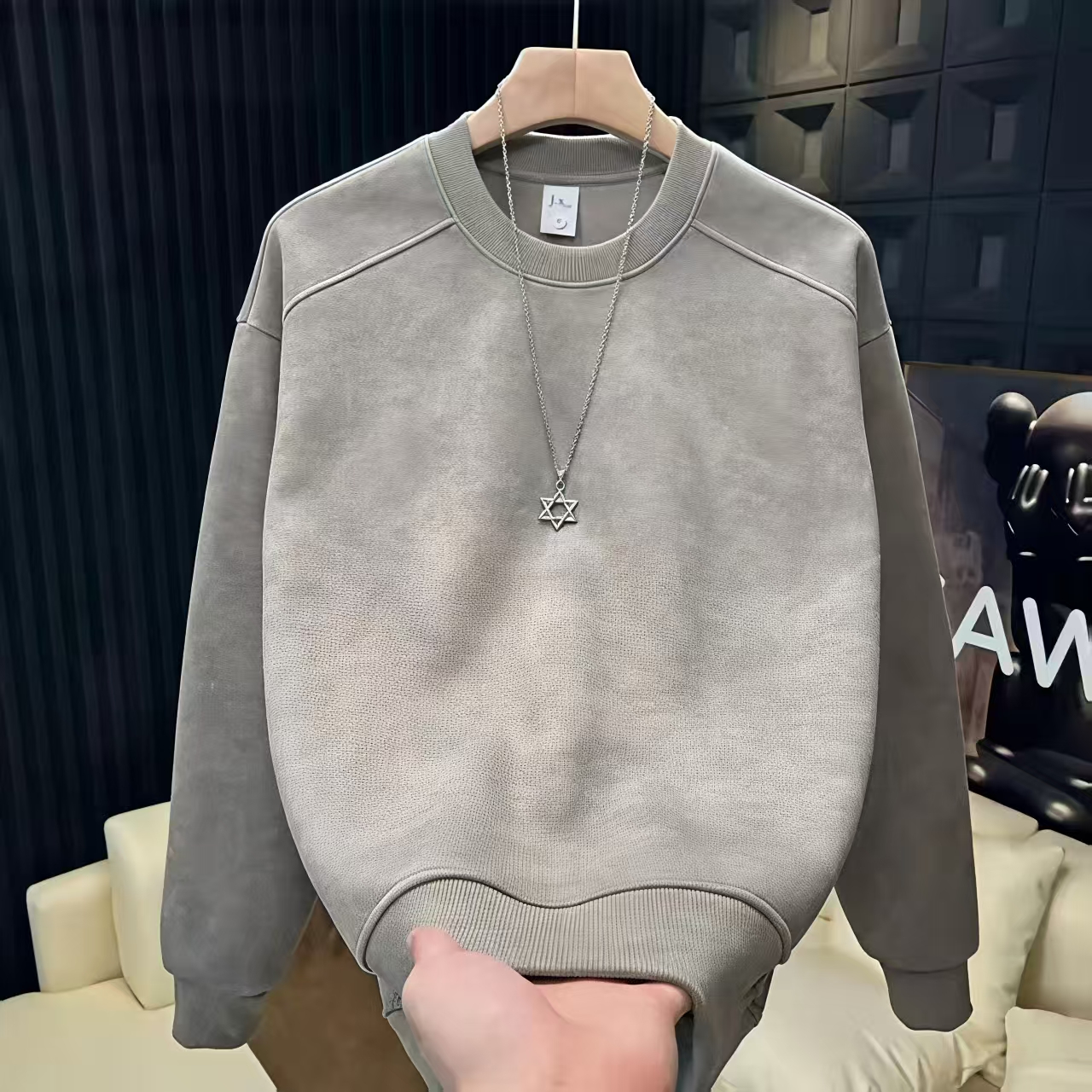 加绒加厚秋冬上衣男休闲上衣百搭极简风拼接加绒百搭圆领长袖卫衣