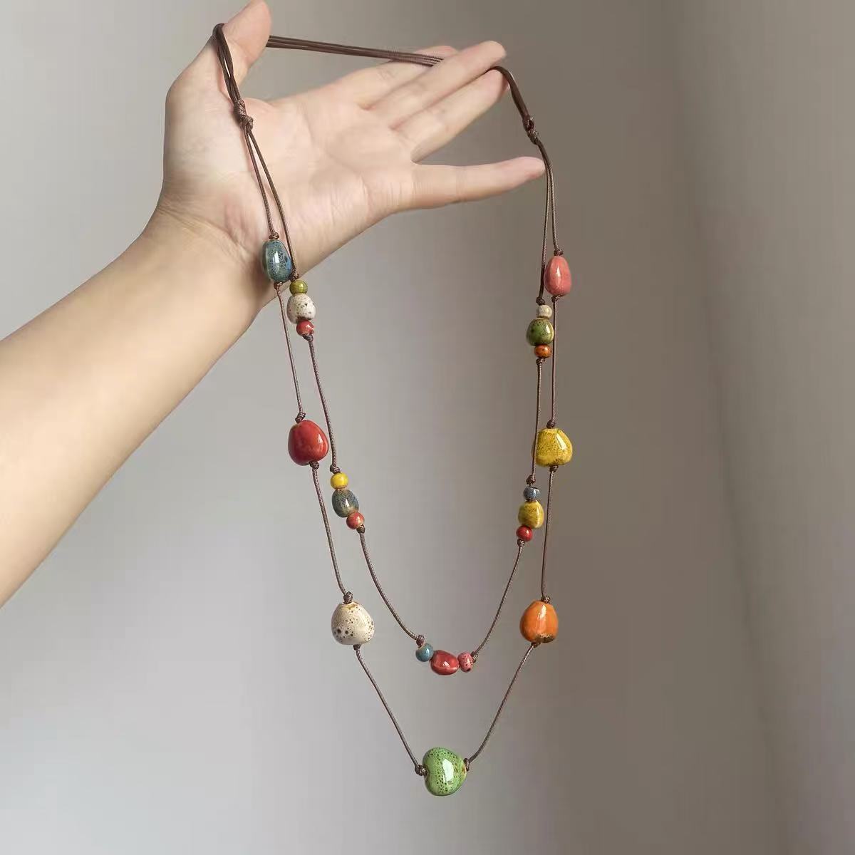 非金属陶瓷项链 彩虹糖果~陶瓷爱心锁骨链女多巴胺双层叠戴项链夏