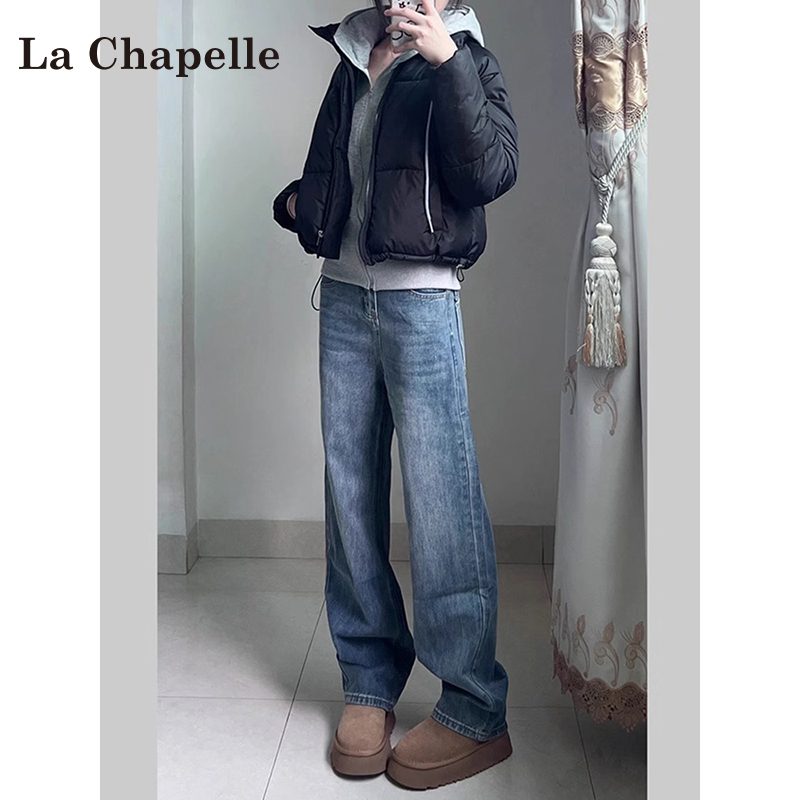 拉夏贝尔复古蓝加绒窄版阔腿牛仔裤女2025爆款高腰显瘦直筒九分裤