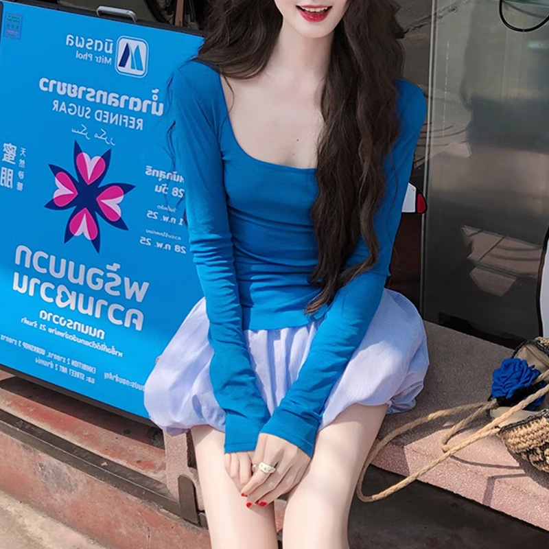 春款纯色修身长袖打底衫女轻盈甜美U领防晒上衣2025