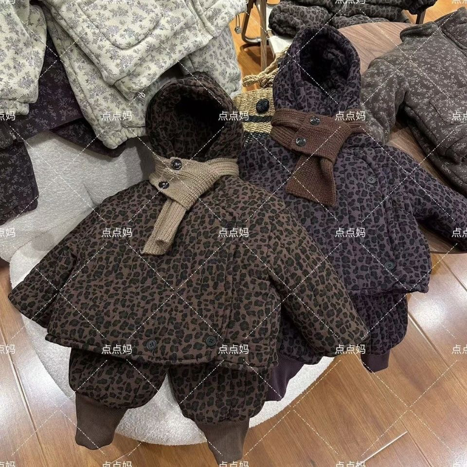 森系冬季厚款豹纹男女通用女套装小童格子洋气外套女童
