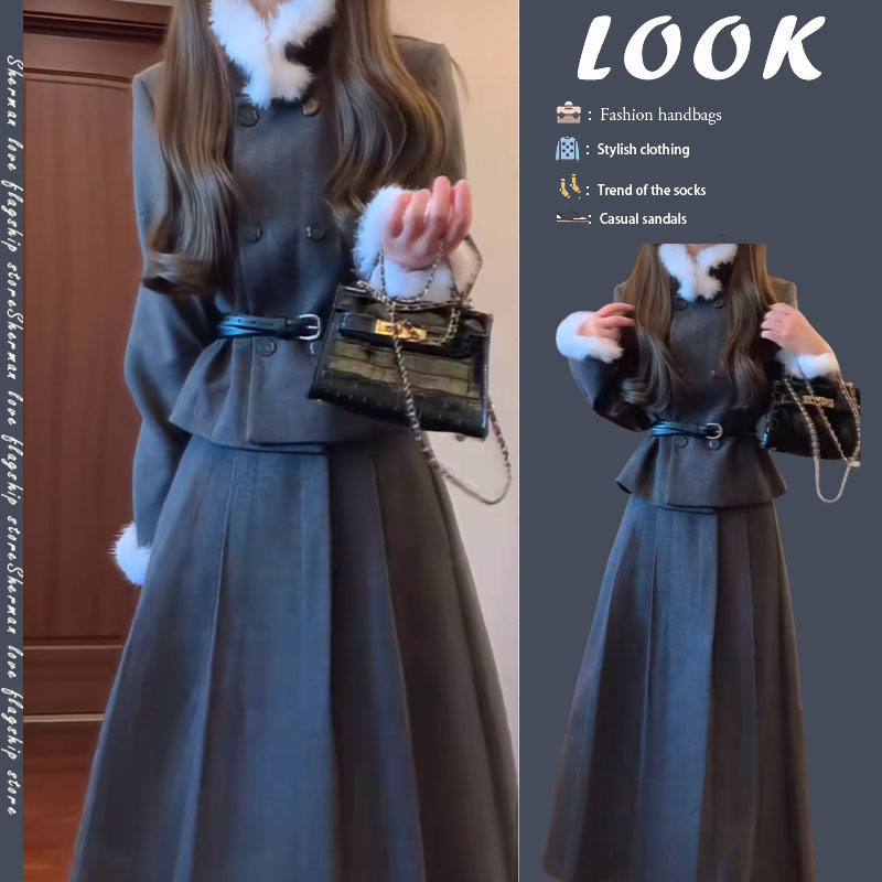 韩系气质穿搭2025冬季新款小香风千金感毛领外套高腰半身裙两件套