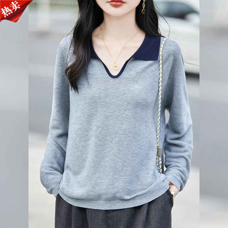 时尚品牌正品秋季新款撞色长袖时尚宽松百搭针织衫套头女士上衣
