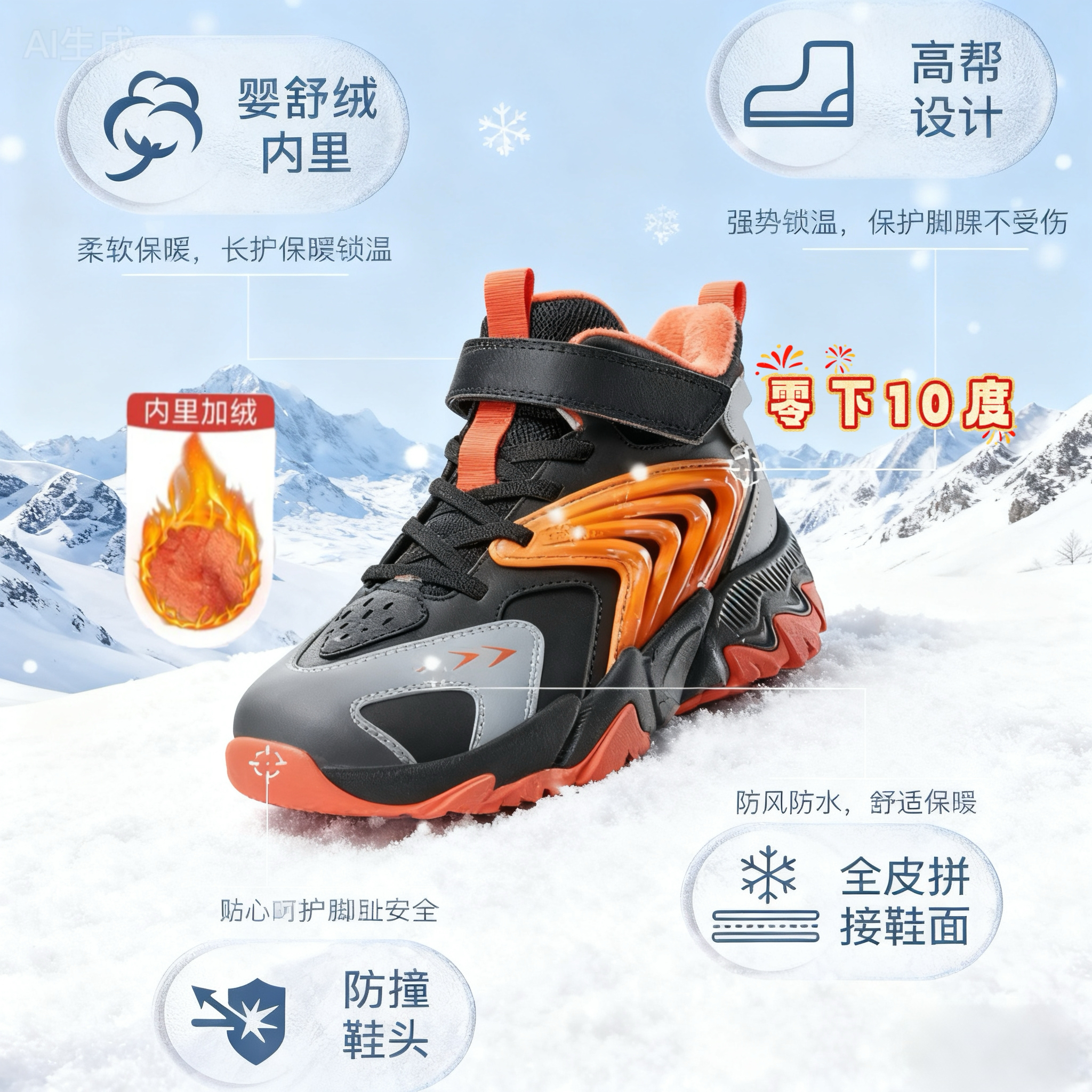 361°kids【透气二棉】男女童冬季防寒高帮防滑革面防水毛茸茸二棉鞋