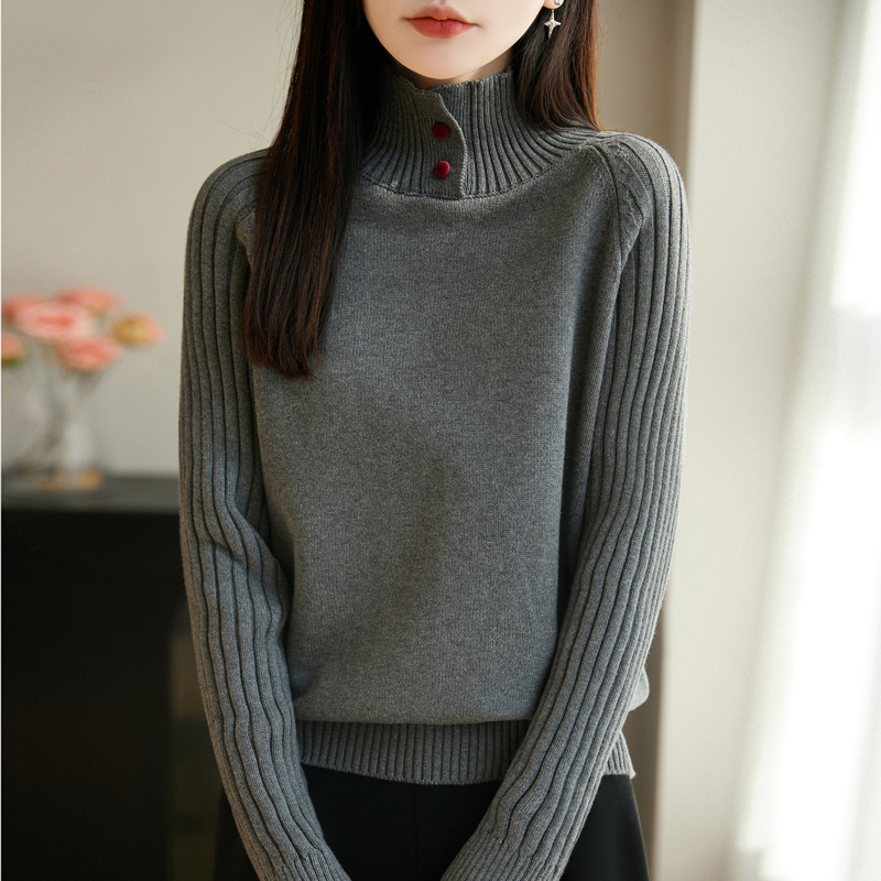 品牌时尚女装纯色简约法式高领毛针织衫翻领套头毛衣厚款松紧上衣