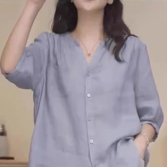 胖MM大码女装短袖衬衫上衣2025新款韩系chic别致纯色V领苎麻衬衫