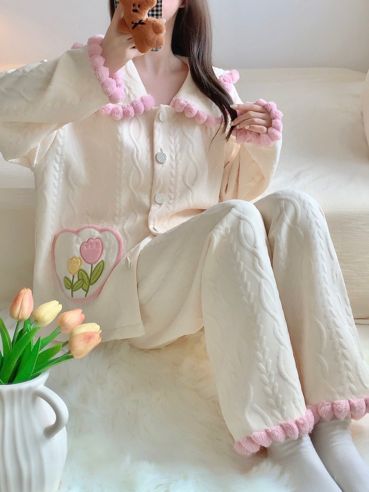 娃娃领睡衣女秋冬季棉夹层中厚甜美桃心保暖家居服宽松休闲可出门