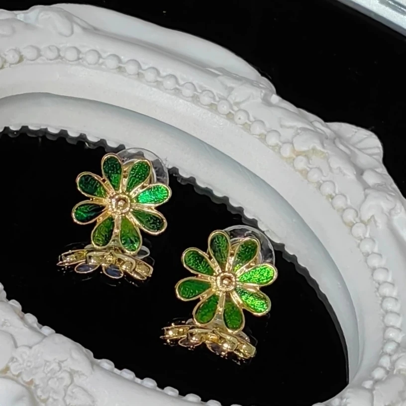 铜合金耳饰 吉丁虫手作绿金色植物雏菊花小耳钉精致小众优雅复古