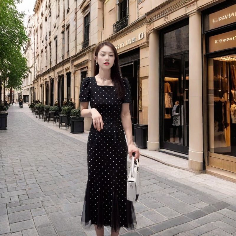 鱼尾裙拼接法式常规短袖连衣裙夏季名媛长裙修身黑色2025新款韩版