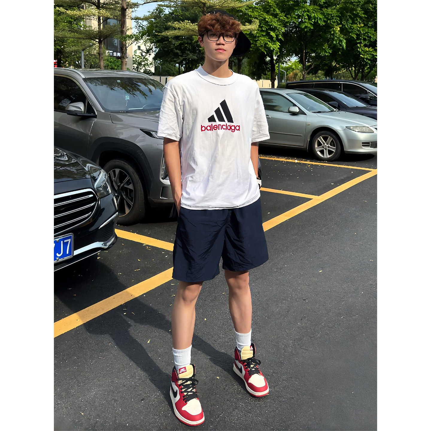 藏青色速干运动短裤男款夏外穿薄款透气美式裤子宽松不过膝四分裤