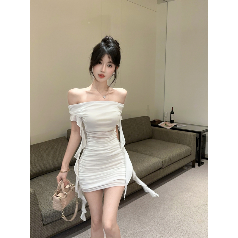 法式气质荷叶边飘带一字肩连衣裙女夏季纯欲风皱褶修身显瘦包臀裙