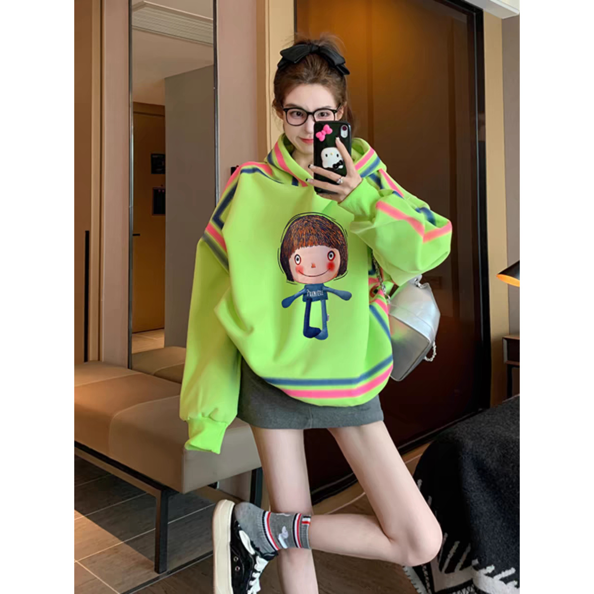 绿色连帽卫衣女春秋季2025新欧货宽松设计感小众外套oversize上衣