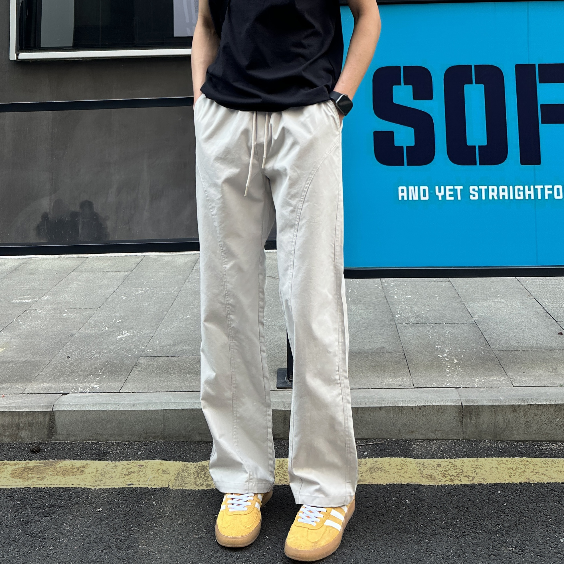 QUALCOMM潮流美式基础斜切裤男秋季新款凉感户外冲锋裤微喇休闲裤