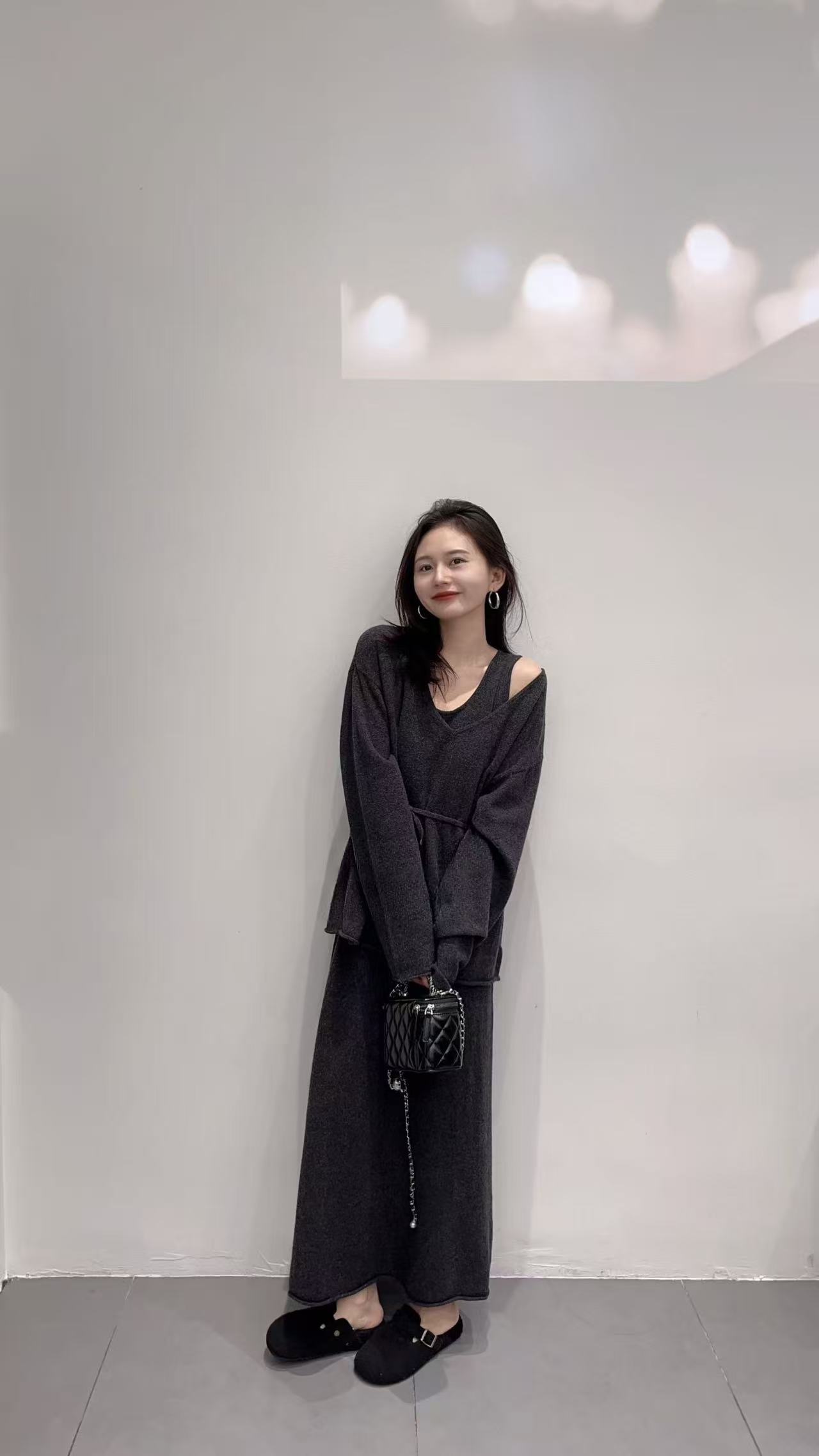 2025秋季新款韩系慵懒风灰色针织u领长袖上衣百搭背心长裙含腰绳