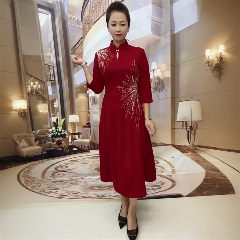 高贵妈妈婚礼中式国风旗袍连衣裙春秋七分袖喜婆婆婚宴装红色长裙