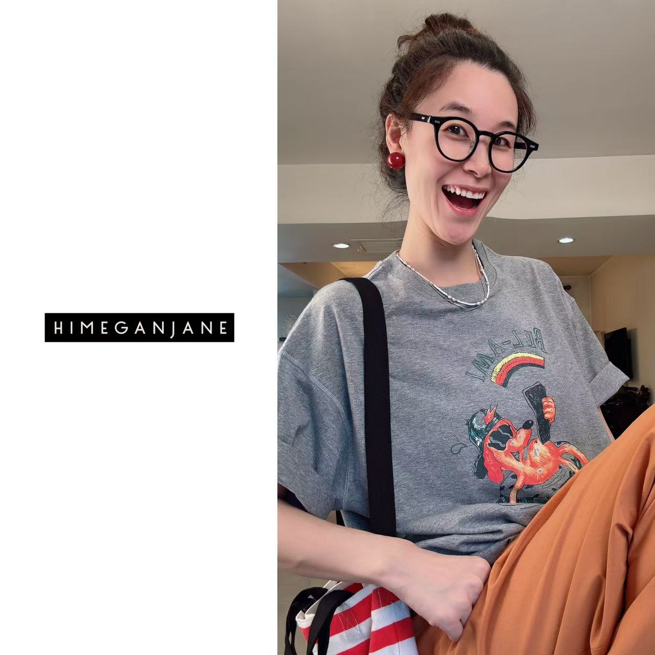 HIMEGANJANE “假日T ”40S精梳纯棉 透气舒适卡通印花宽松短袖T恤