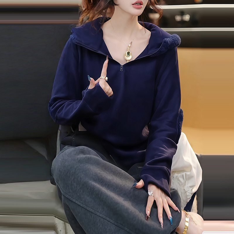 秋季毛绒连帽半拉链卫衣女秋冬新款打底衫内搭可外穿叠穿长袖上衣