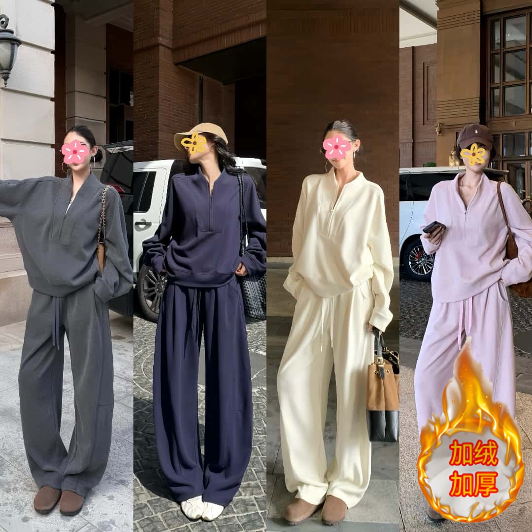 加绒加厚休闲风运动风老钱时尚套装上衣卫衣宽松高腰系带长裤秋冬
