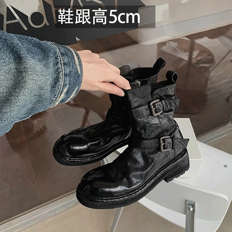 软皮~厚底瘦瘦短靴女复古褶皱皮带扣粗跟机车中筒靴英伦风马丁靴