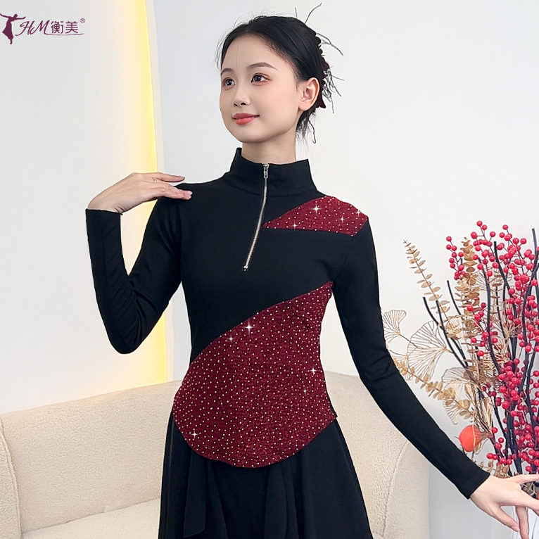 秋冬新款现代舞形体拉链烫钻半高圆领成人女上衣古典舞训练表演服
