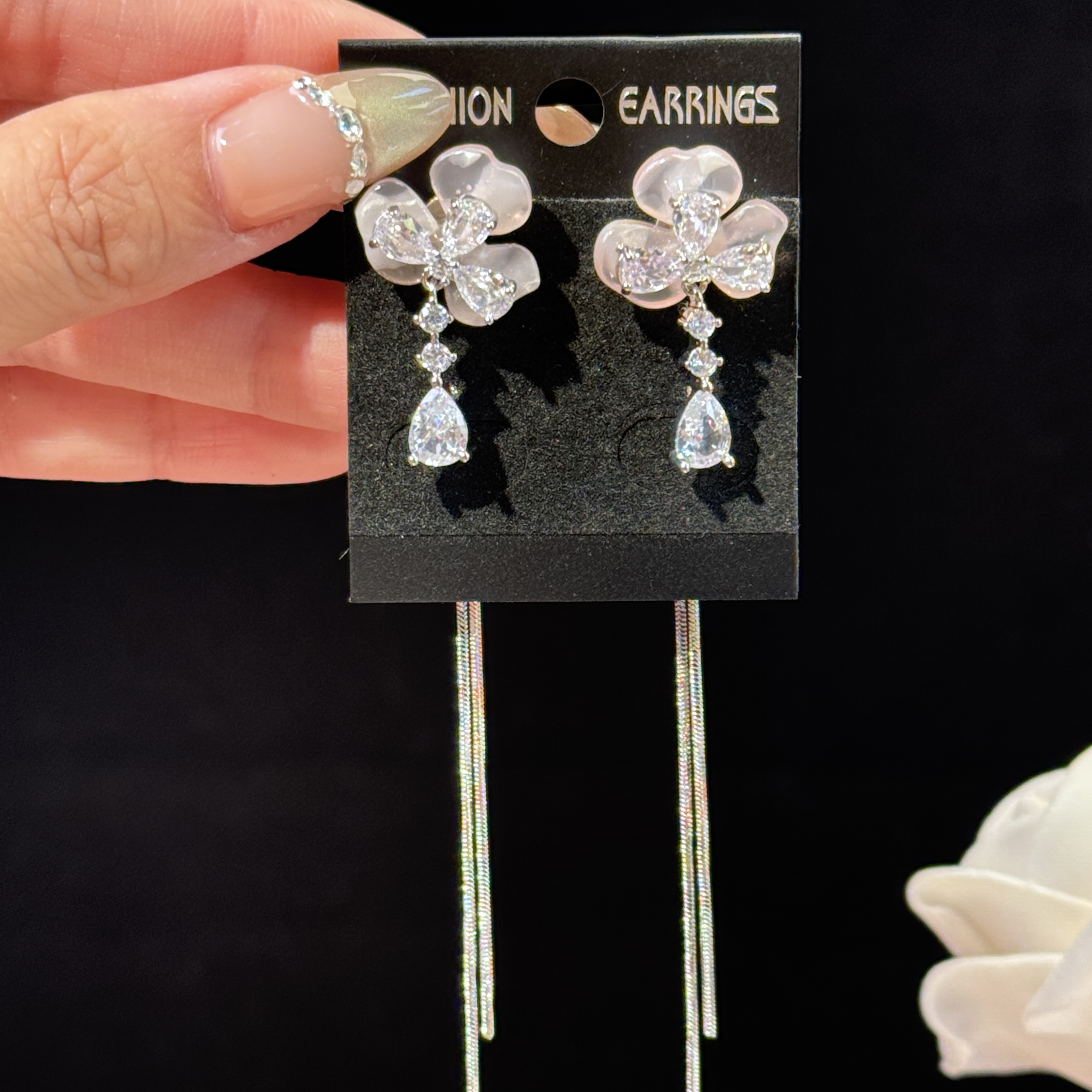 铜合金锆石耳饰 花若】超仙时尚长款花朵流苏耳环甜美两戴耳钉耳坠