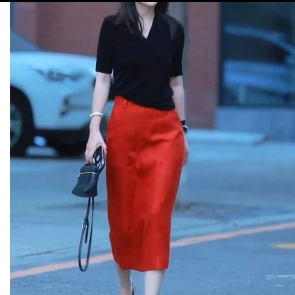 夏季新款V领短袖上衣搭配高腰开叉半身裙气质女装