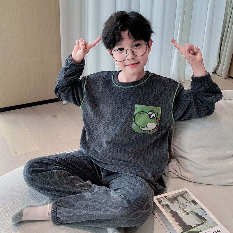 男童睡衣2025新款中大童儿童装青少年春秋冬款加绒珊瑚绒家居服潮
