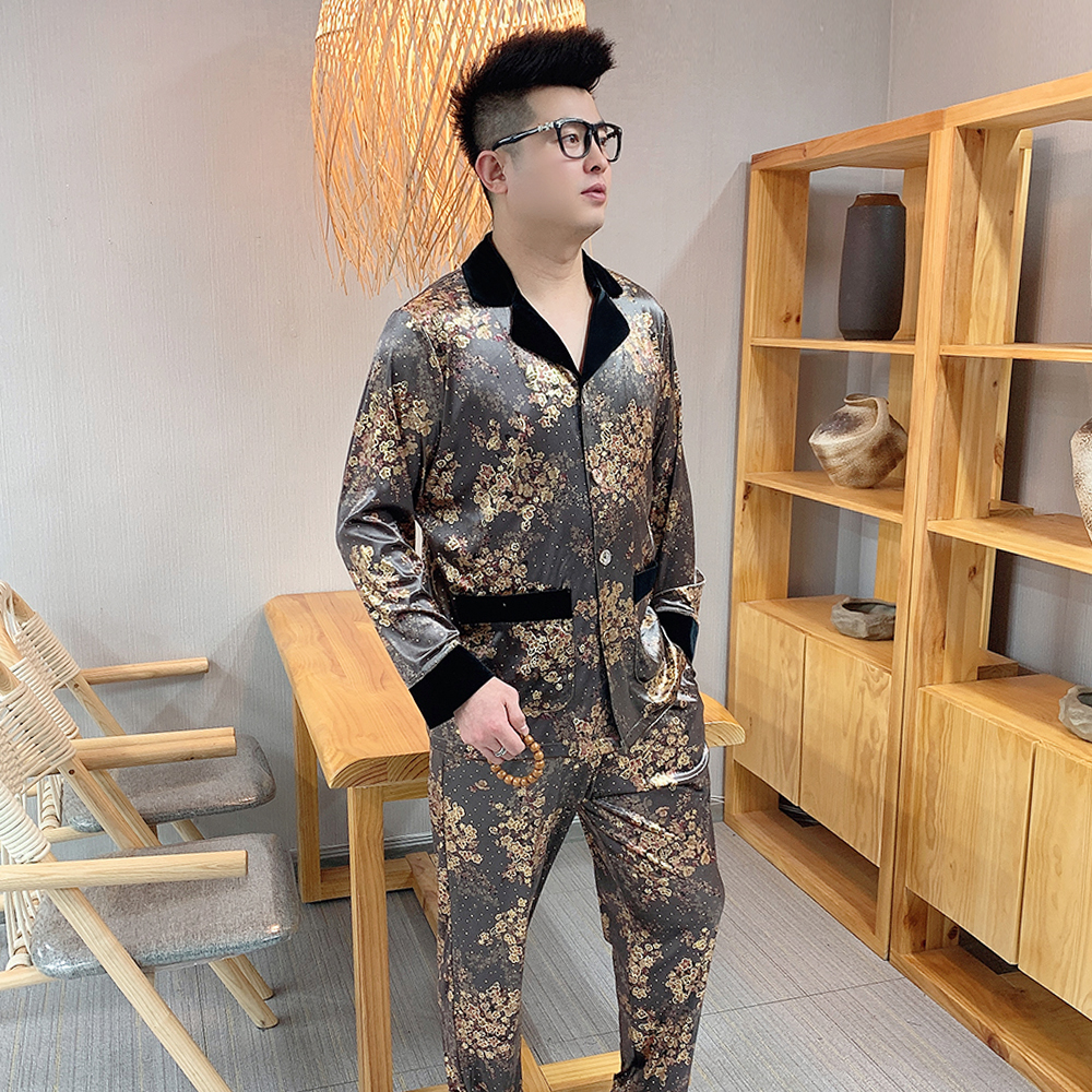 男士碎花烫金丝绒睡衣套装2025春秋高品质奢华潮流可外穿家居服男