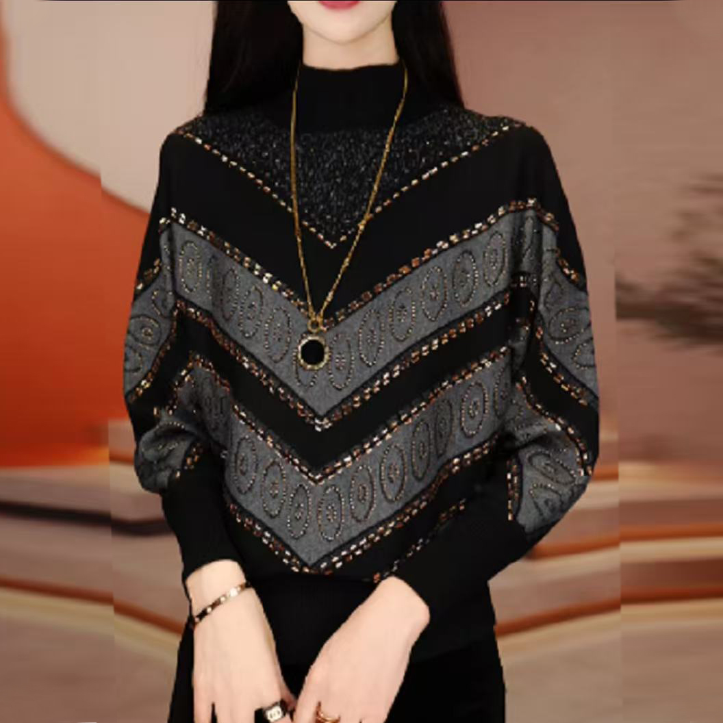 秋冬新款保暖提花针织衫减龄洋气宽松女士气质时尚上衣长袖打底衫