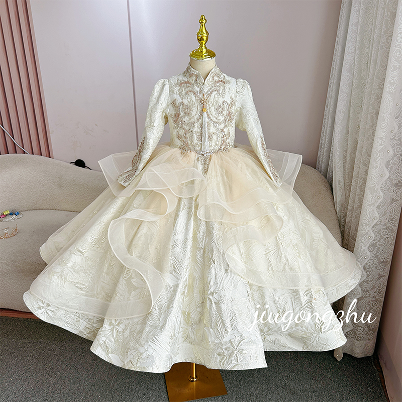 【珠光贝影】高级香槟金长款公主裙花童钢琴主持人优雅宫廷宴会