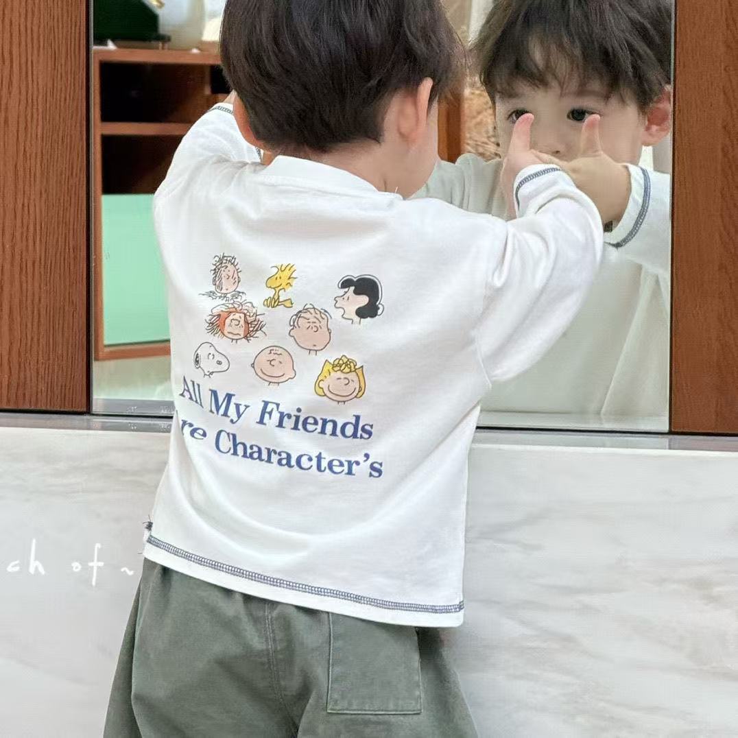 纯棉卡通长袖T恤春秋款男童洋气百搭明线设计休闲内搭圆领打底衫