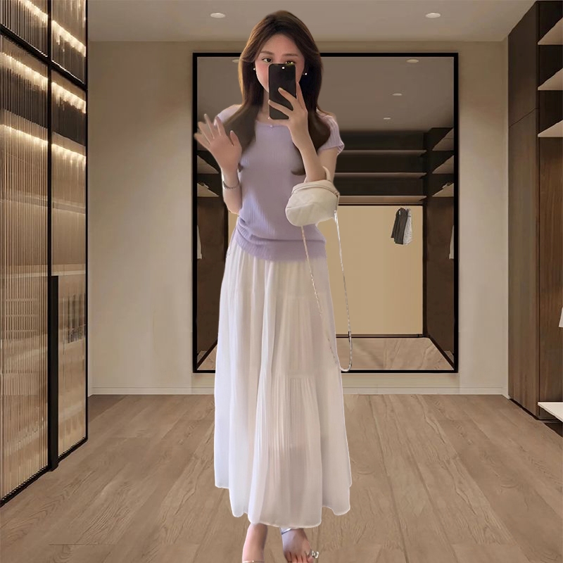 一整套穿搭女2025夏季新款收腰显瘦设计短袖上衣半身长裙两件套装
