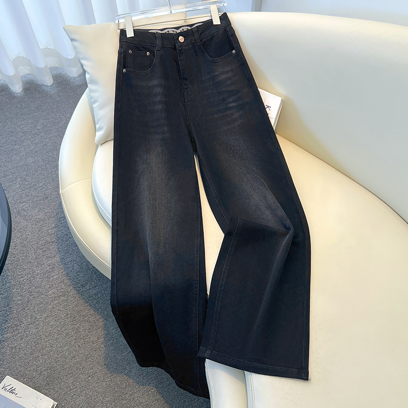韩版黑色蕾丝拼接阔腿牛仔裤女士2025秋季新款高腰显瘦时尚直筒裤