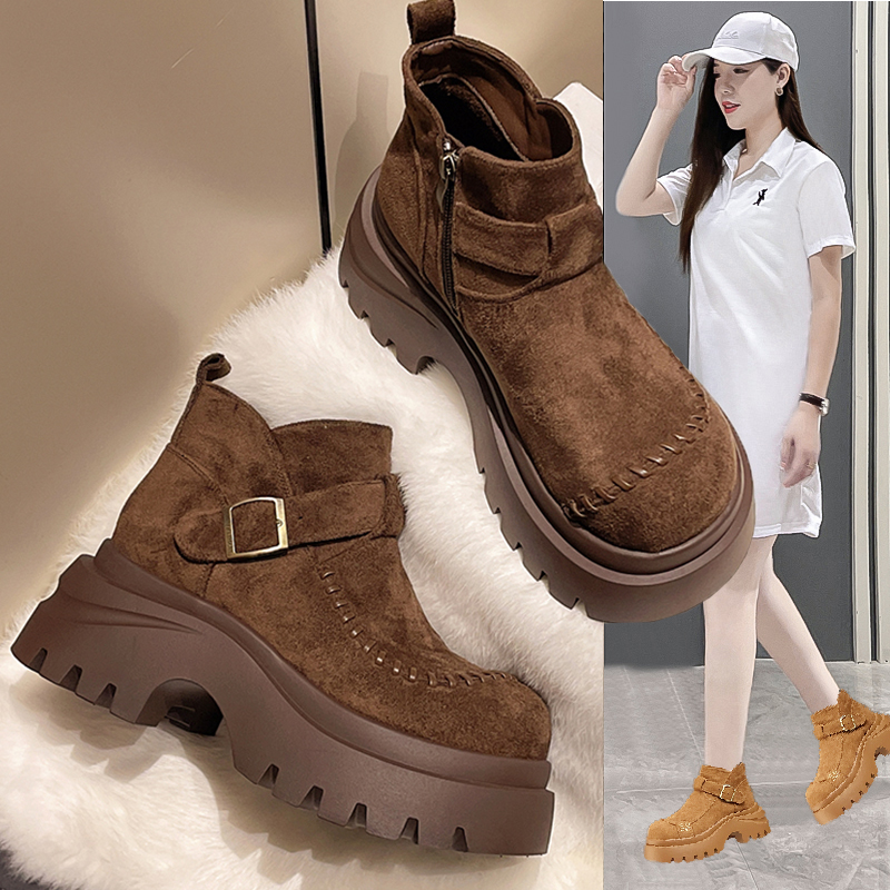 复古厚底增高靴子女款2025秋季新款百搭显瘦短靴英伦风机车马丁靴