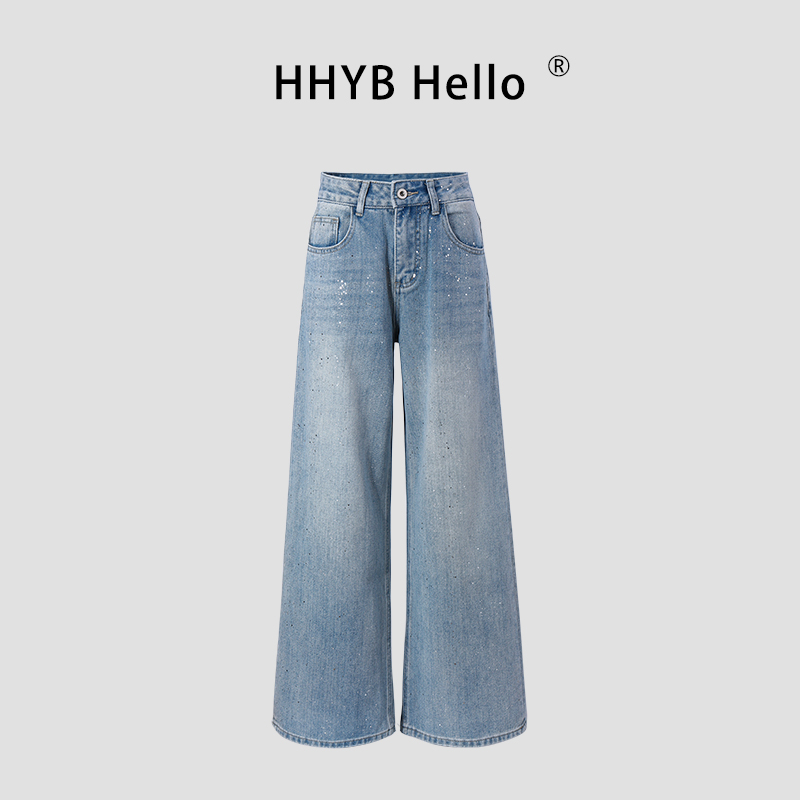 HHYB Hello2025新款亮片休闲裤高腰百搭直筒阔腿牛仔裤Q254232