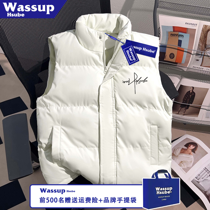 WASSUP HSUBE美式日常印花保暖加厚马甲秋冬男女款新款拉链白色潮
