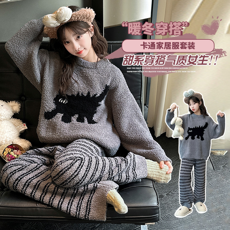 女童睡衣冬季2025新款中大童童装法兰绒家居服小女孩加绒保暖套装