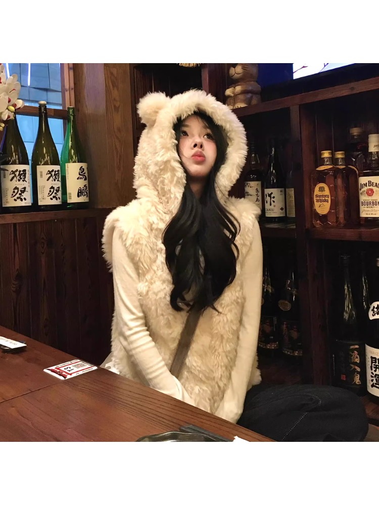 人造皮草 仿羊羔毛坎肩连帽马甲女2025秋季新款拉布布款熊耳马夹