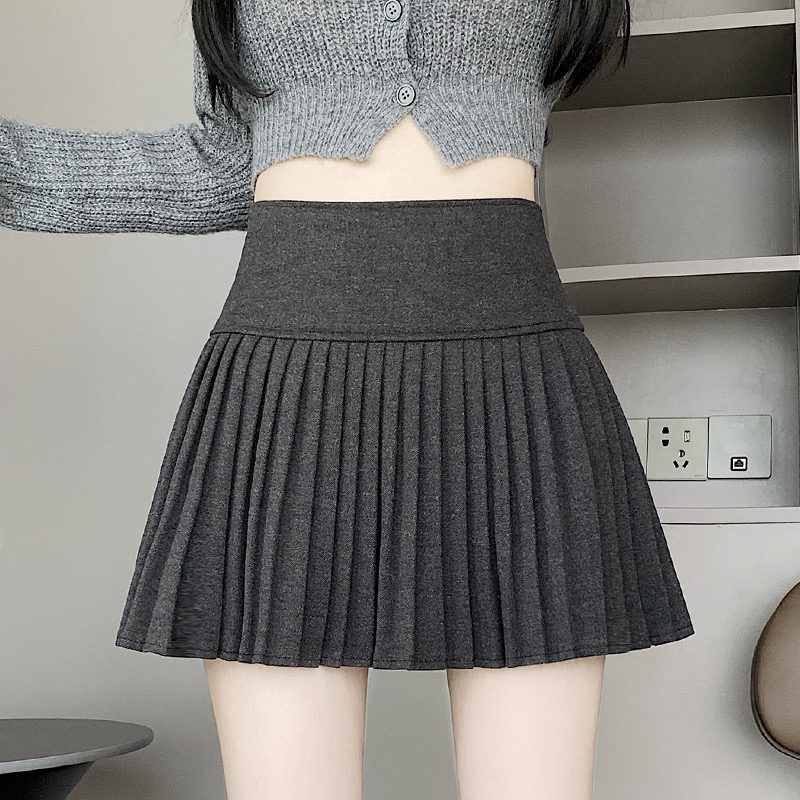 灰色毛呢半身裙女新款秋冬款高腰小个子黑色辣妹a字百褶裙短裙子
