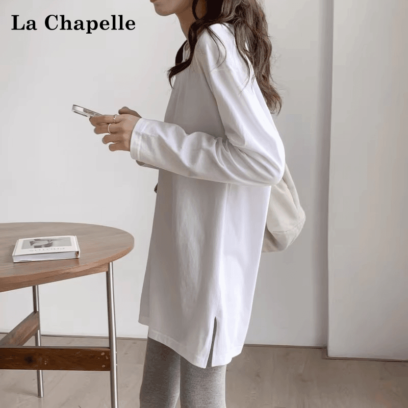La Chapelle/拉夏贝尔长款上衣遮臀开叉打底衫白色长袖T恤内搭